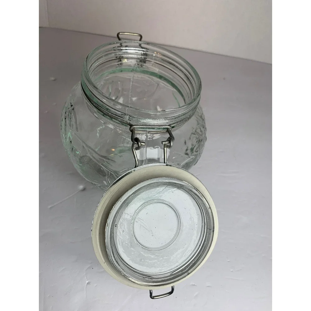 Vintage 70s Green Tint Glass Jar Embossed Fruit Pattern Wire Bail Hermetic‎ Lid